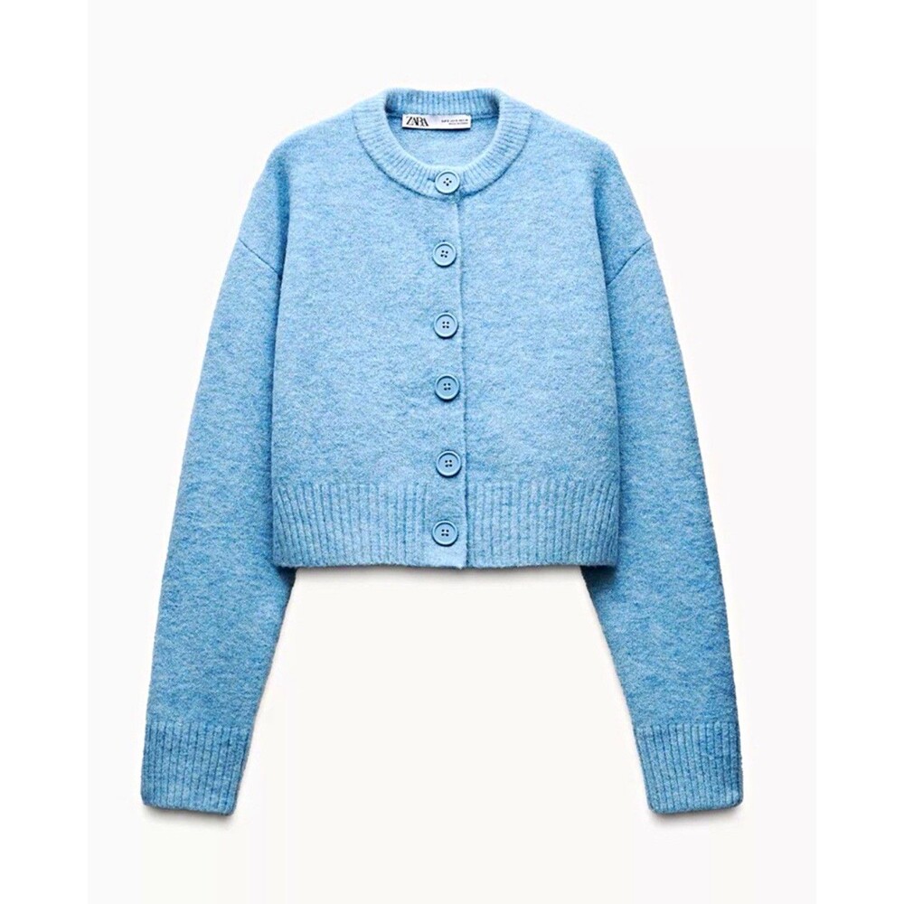 Zara Womens Light Blue Soft Knit Button Front Cardigan Sweater Wool Blend M